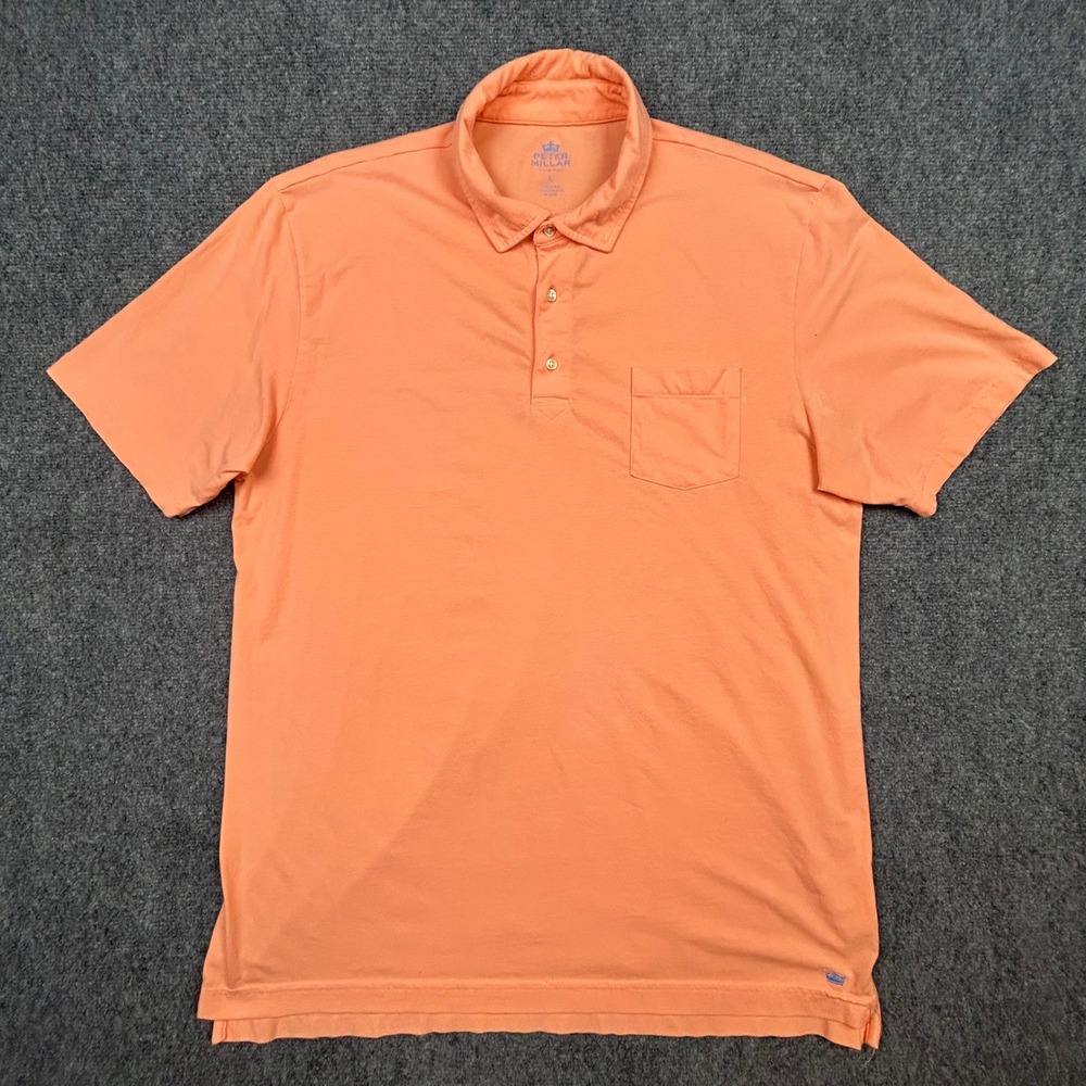 Peter Millar Polo Shirt Mens L‎ Orange Seaside Wash Stretch Golf Coastal Preppy